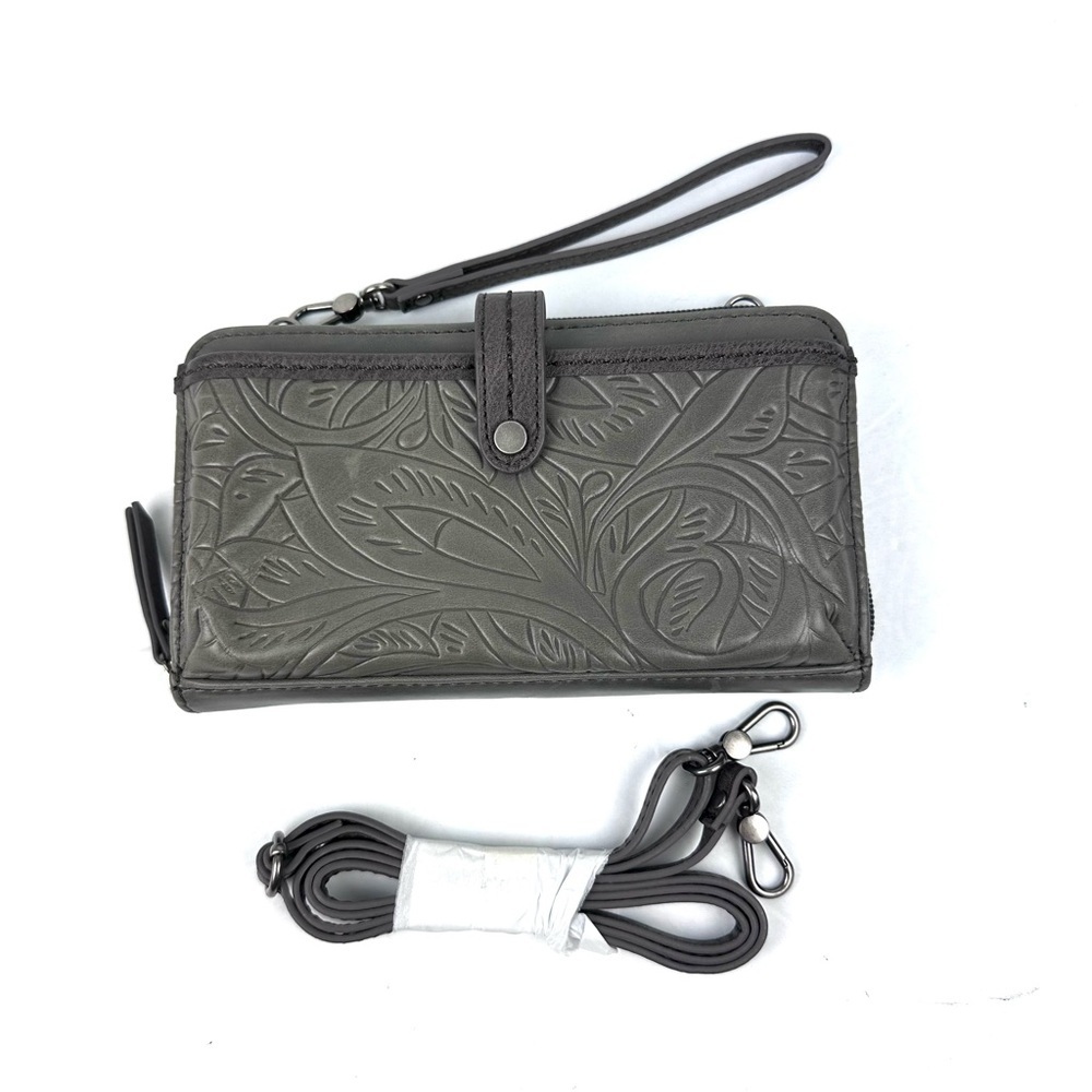 The Sak Iris Large Crossbody Wallet Slate Leaf Tooled Leather Wristlet Strap New